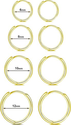 مجموعة أقراط دائرية صغيرة من الفضة الإسترليني عيار 925 - أقراط دائرية من الفضة المطلية بالذهب الأبيض عيار 14 قيراط | أقراط غضروف حلق هوجي هوب صغيرة لا نهاية لها للنساء in Kuwait