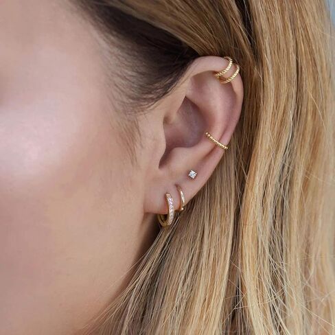 مجموعة أقراط دائرية صغيرة من الفضة الإسترليني عيار 925 - أقراط دائرية من الفضة المطلية بالذهب الأبيض عيار 14 قيراط | أقراط غضروف حلق هوجي هوب صغيرة لا نهاية لها للنساء in Kuwait