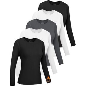 HOPLYNN 5 Pack Womens Long Sleeve Thermal Shirts Crew Neck Double Sided Fleece Lined Baselayer Tops for Cold Weather in Kuwait