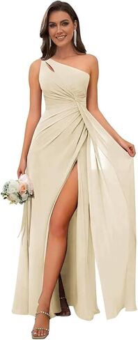 Women's One Shoulder Bridesmaid Dresses Long A-Line Chiffon Formal Evening Gown with Slit in Saudi Arabia