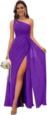 Women's One Shoulder Bridesmaid Dresses Long A-Line Chiffon Formal Evening Gown with Slit in Saudi Arabia