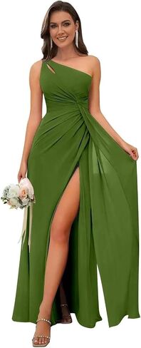 Women's One Shoulder Bridesmaid Dresses Long A-Line Chiffon Formal Evening Gown with Slit in Saudi Arabia