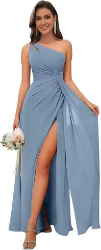 Women's One Shoulder Bridesmaid Dresses Long A-Line Chiffon Formal Evening Gown with Slit in Saudi Arabia