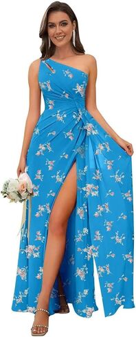 Women's One Shoulder Bridesmaid Dresses Long A-Line Chiffon Formal Evening Gown with Slit in Saudi Arabia