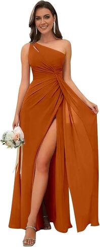 Women's One Shoulder Bridesmaid Dresses Long A-Line Chiffon Formal Evening Gown with Slit in Saudi Arabia