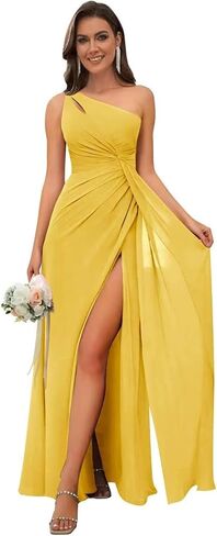 Women's One Shoulder Bridesmaid Dresses Long A-Line Chiffon Formal Evening Gown with Slit in Saudi Arabia