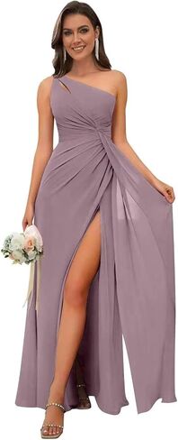 Women's One Shoulder Bridesmaid Dresses Long A-Line Chiffon Formal Evening Gown with Slit in Saudi Arabia