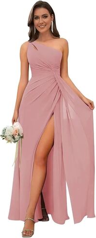 Women's One Shoulder Bridesmaid Dresses Long A-Line Chiffon Formal Evening Gown with Slit in Saudi Arabia