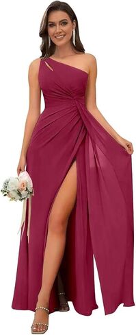 Women's One Shoulder Bridesmaid Dresses Long A-Line Chiffon Formal Evening Gown with Slit in Saudi Arabia