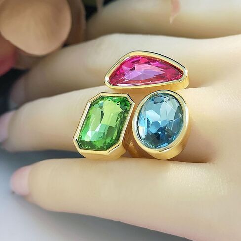 OIDIMS Fashion Tricolor Rhinestone Geometric Statement Rings for Women Adjustable Gold-Tone Plated Stacking Finger Rings Vintage Cubic Zircon Wedding Band Cocktail Party Boho Jewelry Accessories in Saudi Arabia