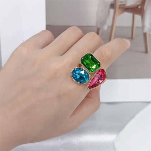 OIDIMS Fashion Tricolor Rhinestone Geometric Statement Rings for Women Adjustable Gold-Tone Plated Stacking Finger Rings Vintage Cubic Zircon Wedding Band Cocktail Party Boho Jewelry Accessories in Saudi Arabia
