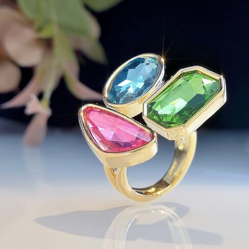 OIDIMS Fashion Tricolor Rhinestone Geometric Statement Rings for Women Adjustable Gold-Tone Plated Stacking Finger Rings Vintage Cubic Zircon Wedding Band Cocktail Party Boho Jewelry Accessories in Saudi Arabia