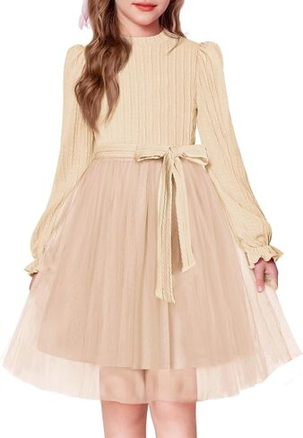 Arshiner Girls Tulle Dress Puff Long Sleeve Mock Neck Cable Knit Sweater Formal Casual Fall Winter Tutu Dresses with Belt in Saudi Arabia