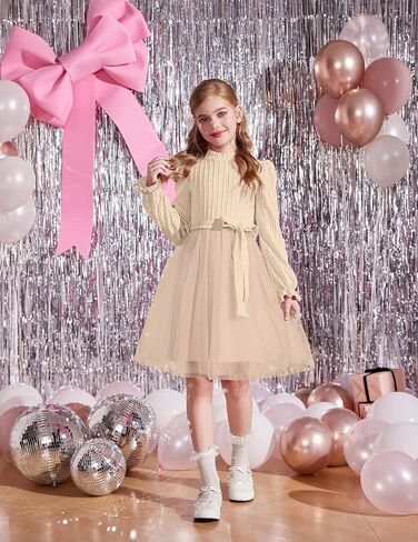 Arshiner Girls Tulle Dress Puff Long Sleeve Mock Neck Cable Knit Sweater Formal Casual Fall Winter Tutu Dresses with Belt in Saudi Arabia