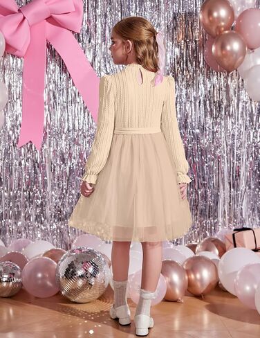 Arshiner Girls Tulle Dress Puff Long Sleeve Mock Neck Cable Knit Sweater Formal Casual Fall Winter Tutu Dresses with Belt in Saudi Arabia