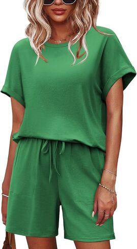 Womens Plus Size Pajama Sets Short Sleeve Tops Drawstring Shorts with Pockets Summer Casual 2 Piece Lounge Set Lighweight in Saudi Arabia