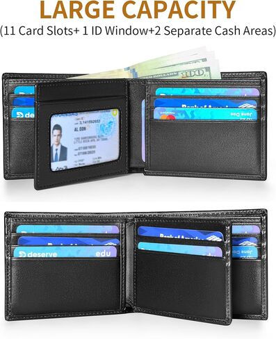 Genuine Leather Mens Wallet, Bifold Wallet for Men, Mens Wallets with ID Window, 11 Credit Card Slots (Black) in Saudi Arabia