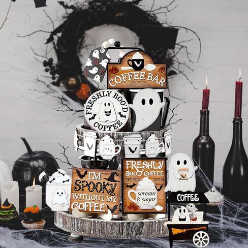 14 Pcs Day of The Dead Tiered Tray Decor,Dia De Los Muertos Decorations,Halloween Tiered Tray Decor,Sugar Skull Wooden Table Signs,Wreaths Wine Flowers Candles Centerpieces for Halloween Party Decor in Kuwait