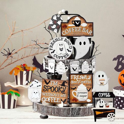 14 Pcs Day of The Dead Tiered Tray Decor,Dia De Los Muertos Decorations,Halloween Tiered Tray Decor,Sugar Skull Wooden Table Signs,Wreaths Wine Flowers Candles Centerpieces for Halloween Party Decor in Kuwait