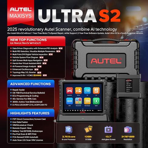 Autel MaxiSYS Ultra S2 Top AI Intelligent Scanner، 2025 UltraS2 ترقية أداة المسح الضوئي MSUltra MS919، 6 في 1 VCMI2، 3.0 طوبولوجيا، DVI متعدد النقاط، Motor Truspeed، اختبار EV، 48 خدمة، ترميز البرمجة in Saudi Arabia