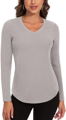 WOWENY Women's V Neck Long Sleeve Thermal Shirts Fleece Pullover Top Soft Base Layer Undershirts Basic Cold Weather in Kuwait