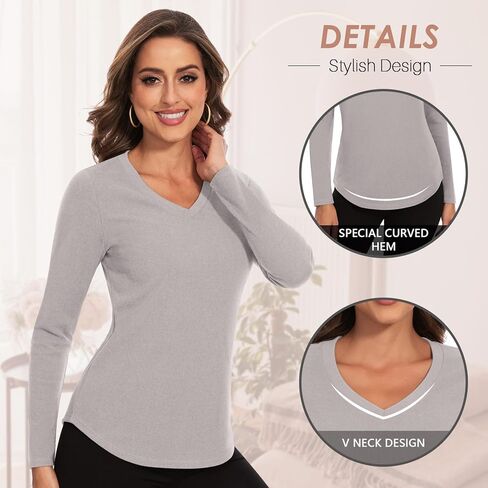 WOWENY Women's V Neck Long Sleeve Thermal Shirts Fleece Pullover Top Soft Base Layer Undershirts Basic Cold Weather in Kuwait