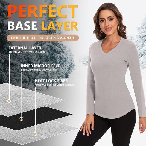 WOWENY Women's V Neck Long Sleeve Thermal Shirts Fleece Pullover Top Soft Base Layer Undershirts Basic Cold Weather in Kuwait