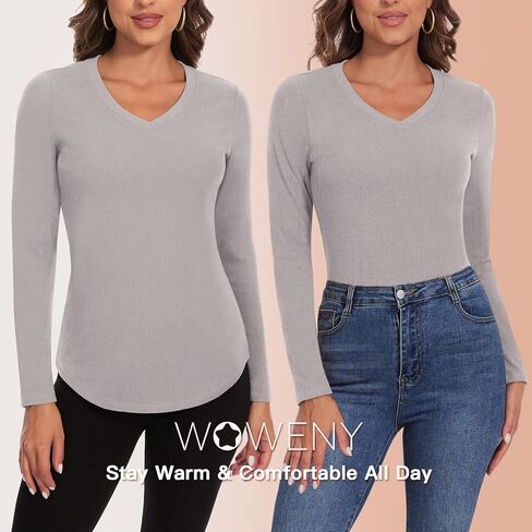 WOWENY Women's V Neck Long Sleeve Thermal Shirts Fleece Pullover Top Soft Base Layer Undershirts Basic Cold Weather in Kuwait