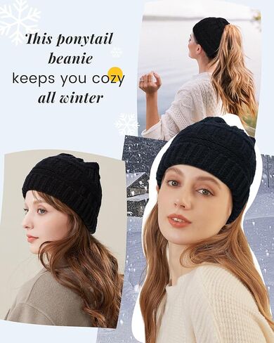 قبعة صغيرة شتوية على شكل ذيل حصان للنساء من Mesovor، قبعة صغيرة دافئة منسوجة بكابل قابل للتمدد مع ذيل حصان قابل للتعديل متقاطع من الخلف in Kuwait