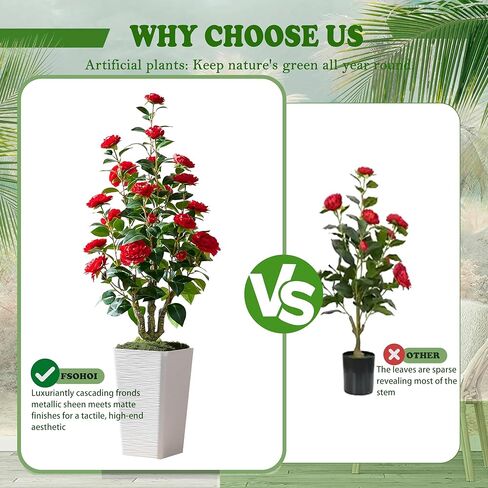 شجرة كاميليا الاصطناعية ， شجرة الكاميليا المزيفة ， نباتات كاميليا فو مع زارع طويل القامة للديكور المنزلي الداخلي （1،4ft in Kuwait