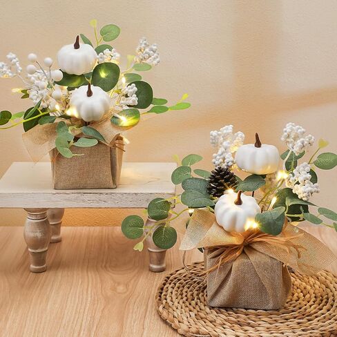 Janinka 2 Set 11 Inch Fall Decorations for Home White Pumpkins Eucalyptus Tables Centerpieces Artificial Pine Cones Berry Stem Picks Decor with 20 LED Lights for Autumn Thanksgiving Decorations in Saudi Arabia