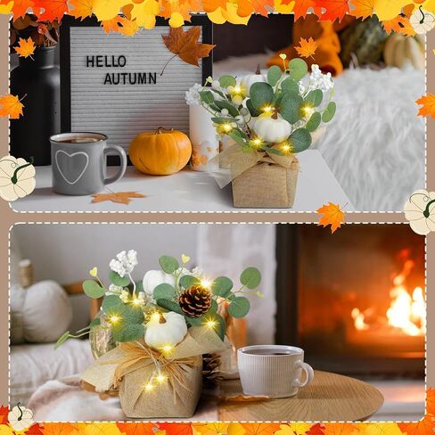 Janinka 2 Set 11 Inch Fall Decorations for Home White Pumpkins Eucalyptus Tables Centerpieces Artificial Pine Cones Berry Stem Picks Decor with 20 LED Lights for Autumn Thanksgiving Decorations in Saudi Arabia