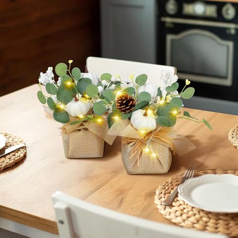 Janinka 2 Set 11 Inch Fall Decorations for Home White Pumpkins Eucalyptus Tables Centerpieces Artificial Pine Cones Berry Stem Picks Decor with 20 LED Lights for Autumn Thanksgiving Decorations in Saudi Arabia