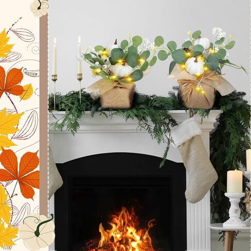 Janinka 2 Set 11 Inch Fall Decorations for Home White Pumpkins Eucalyptus Tables Centerpieces Artificial Pine Cones Berry Stem Picks Decor with 20 LED Lights for Autumn Thanksgiving Decorations in Saudi Arabia