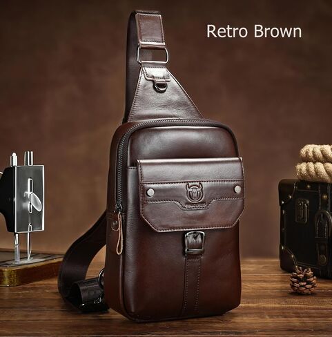 BULLCAPTAIN Men's Leather Samll Crossbody Backpack Sling Chest Bag for Hiking Travel in Saudi Arabia