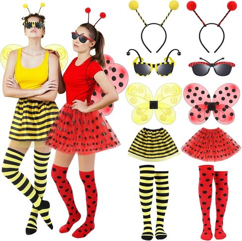 10 Pcs Halloween Bee and Ladybug Costume Set for Adults Include Tutu Skirt Wings Headband Glasses Knee High Socks for Women Bug Insect Party Halloween Cosplay Ladybug Bee Accessories in Saudi Arabia
