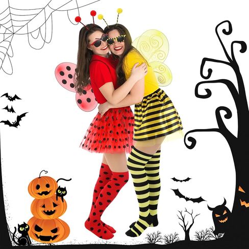 10 Pcs Halloween Bee and Ladybug Costume Set for Adults Include Tutu Skirt Wings Headband Glasses Knee High Socks for Women Bug Insect Party Halloween Cosplay Ladybug Bee Accessories in Saudi Arabia