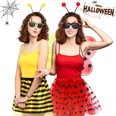 10 Pcs Halloween Bee and Ladybug Costume Set for Adults Include Tutu Skirt Wings Headband Glasses Knee High Socks for Women Bug Insect Party Halloween Cosplay Ladybug Bee Accessories in Saudi Arabia