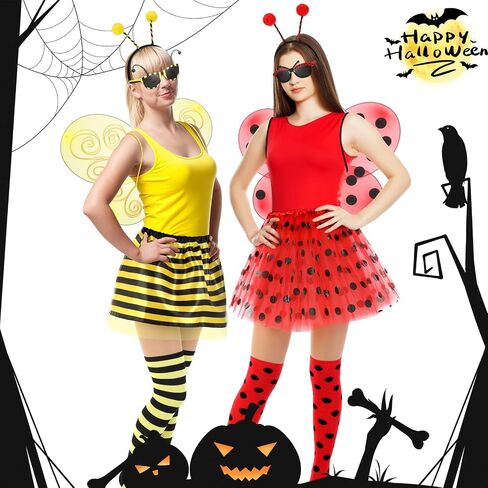 10 Pcs Halloween Bee and Ladybug Costume Set for Adults Include Tutu Skirt Wings Headband Glasses Knee High Socks for Women Bug Insect Party Halloween Cosplay Ladybug Bee Accessories in Saudi Arabia