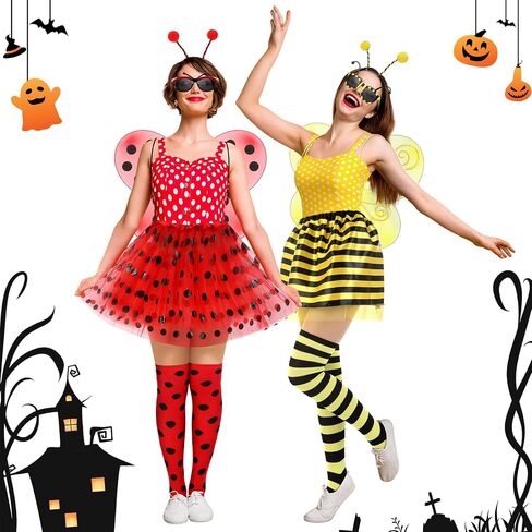 10 Pcs Halloween Bee and Ladybug Costume Set for Adults Include Tutu Skirt Wings Headband Glasses Knee High Socks for Women Bug Insect Party Halloween Cosplay Ladybug Bee Accessories in Saudi Arabia