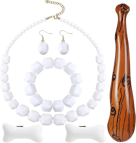 Tondiamo 6 Pcs Halloween Cave Women Costume Accessories Set, White African Beads Acrylic Necklace Earrings Bracelet Jewelry Set, Bone Hair Clips and Inflatable Wooden Stick for Cosplay Party in Saudi Arabia