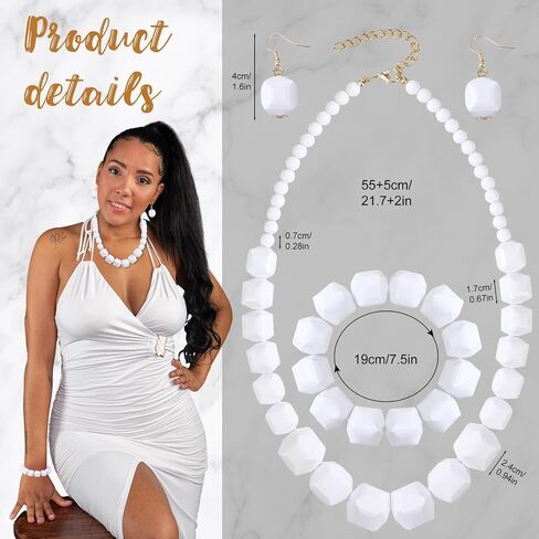 Tondiamo 6 Pcs Halloween Cave Women Costume Accessories Set, White African Beads Acrylic Necklace Earrings Bracelet Jewelry Set, Bone Hair Clips and Inflatable Wooden Stick for Cosplay Party in Saudi Arabia