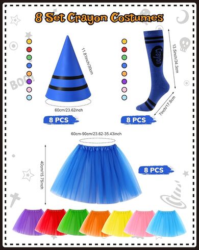 Mepase 8 Set Crayon Costumes for Group, Tutu Skirt Gnome Hat Socks for Women Crayon Halloween Party Team Costume Cool Tutu Skirt in Saudi Arabia