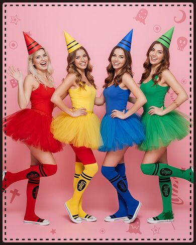 Mepase 8 Set Crayon Costumes for Group, Tutu Skirt Gnome Hat Socks for Women Crayon Halloween Party Team Costume Cool Tutu Skirt in Saudi Arabia