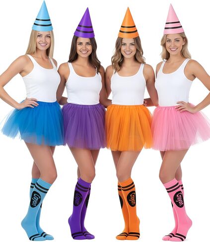 Mepase 8 Set Crayon Costumes for Group, Tutu Skirt Gnome Hat Socks for Women Crayon Halloween Party Team Costume Cool Tutu Skirt in Saudi Arabia
