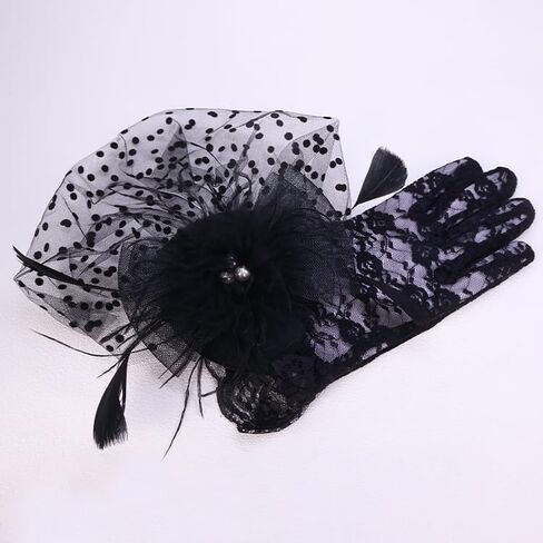 1920s Accessories Set for Women Flapper Costume – Lace & Mesh Vintage Gatsby Headband, Gloves in Saudi Arabia