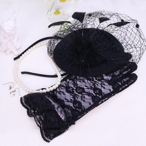 1920s Accessories Set for Women Flapper Costume – Lace & Mesh Vintage Gatsby Headband, Gloves in Saudi Arabia