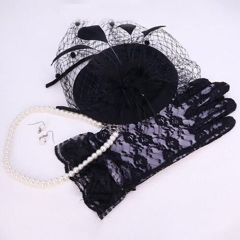 1920s Accessories Set for Women Flapper Costume – Lace & Mesh Vintage Gatsby Headband, Gloves in Saudi Arabia