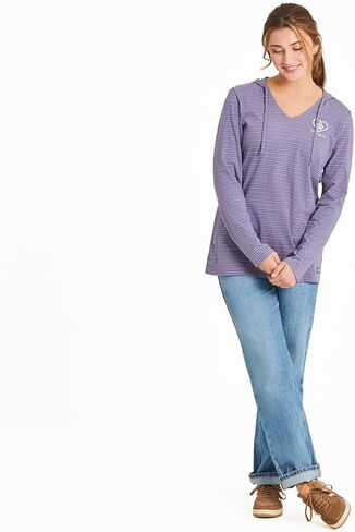 Life is Good Women's Pet Paw Heart LS Striped Hooded Tee, Dusk Purple, X-Large in Saudi Arabia