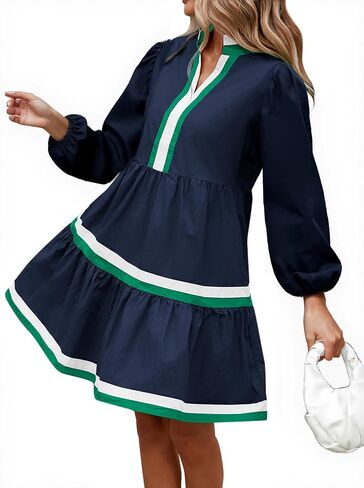 Womens Puff Long Sleeve Babydoll Dress V Neck Navy Blue Striped Color Block Tiered Mini Dresses in Saudi Arabia